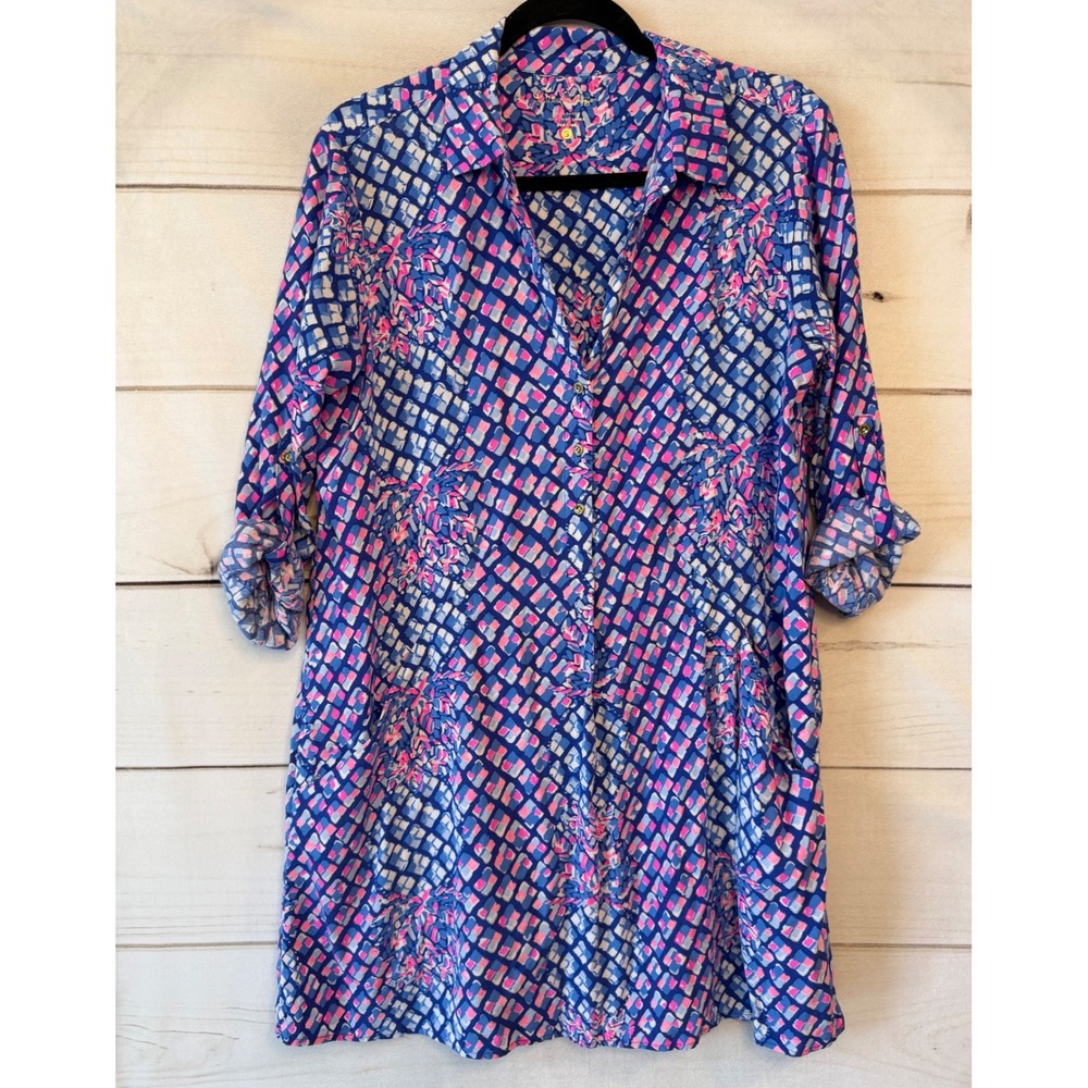 Lilly Pulitzer Blue Pink Abstract Print Rayon Button Down Shirt Dress Small